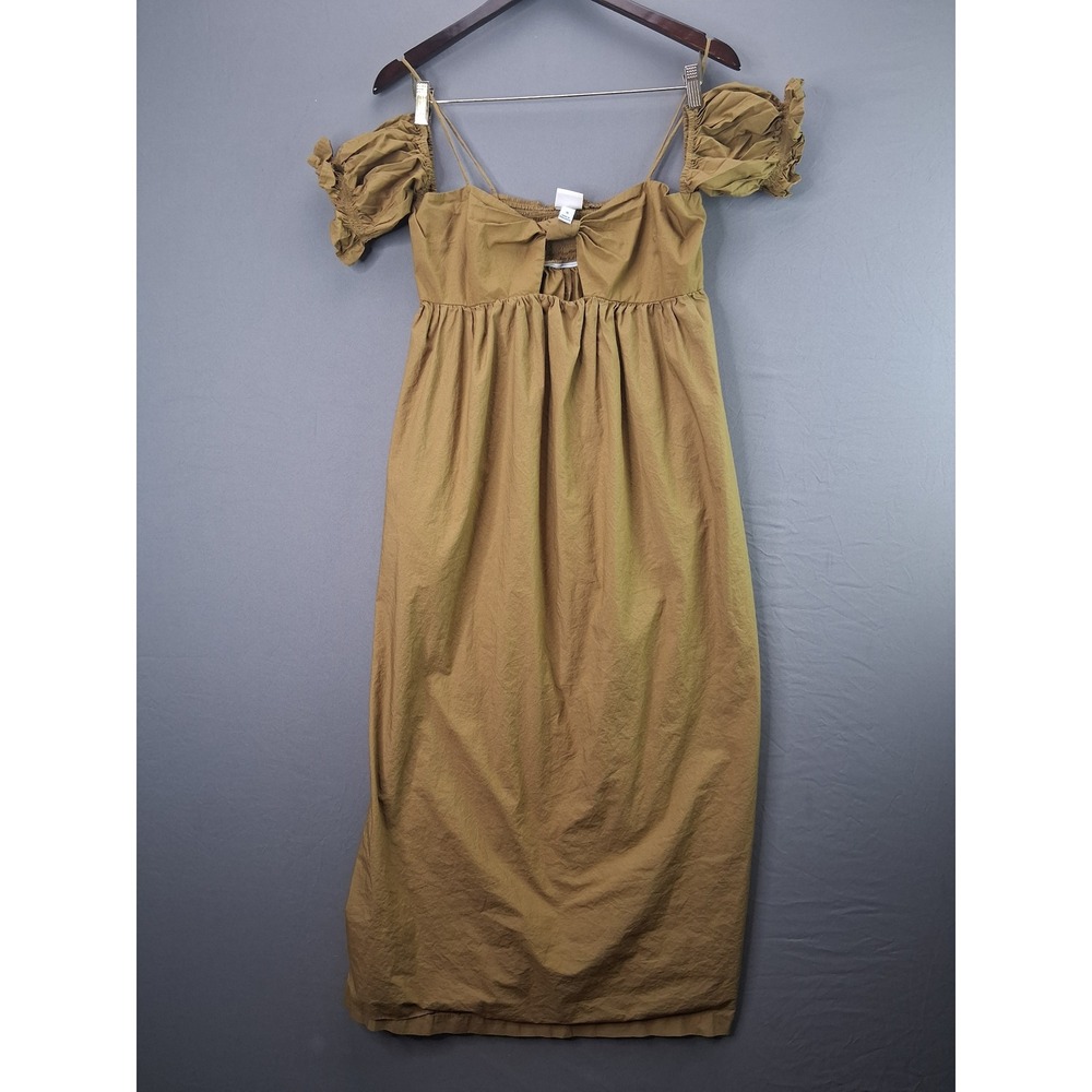 A New Day Midi Dress Womens Medium Brown Tie Front Puff Sleeve Cutout Smocked